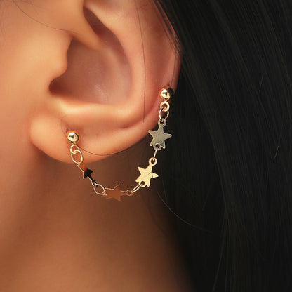 18K Gold-Plated Star Chain Ear Cuffs, gold drop earrings for women, elegant gift for her, front view