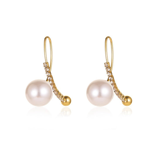 Pearl and Cubic Zirconia 18K Gold-Plated Threader Earrings, gold stud earrings for women, everyday style, front view