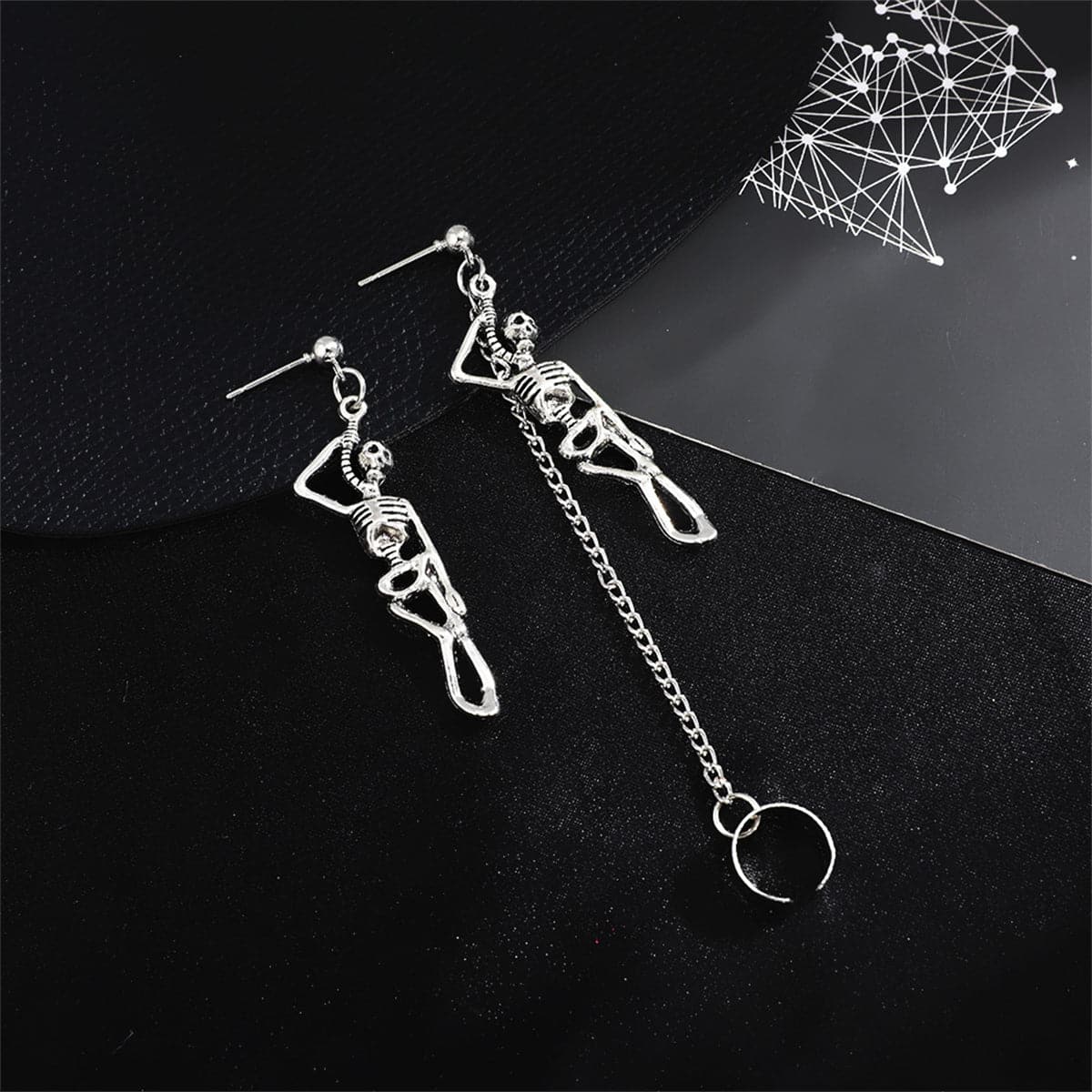 Silver-Plated Skeleton Drop Earrings, silver drop earrings for women, botanical inspired, front view