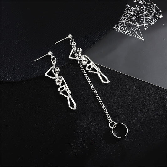 Silver-Plated Skeleton Drop Earrings, silver drop earrings for women, botanical inspired, front view