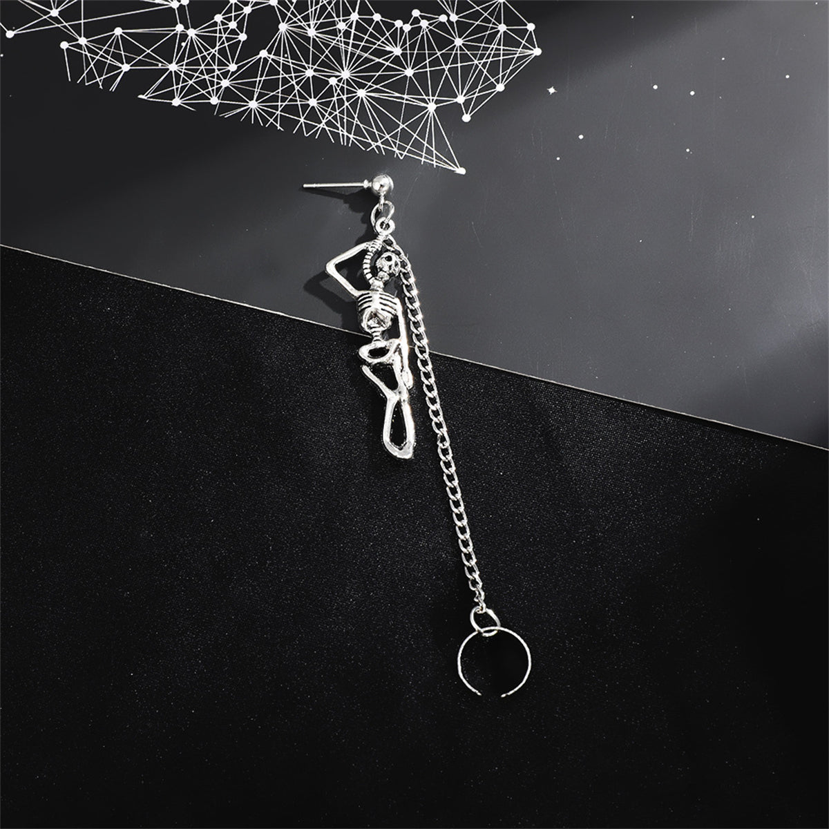 Silver-Plated Skeleton Drop Earrings, silver drop earrings for women, botanical inspired, detail close-up