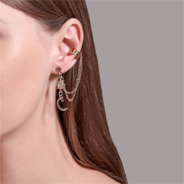 Clear Cubic Zirconia & 18k Gold-Plated Moon Chain Ear Cuff