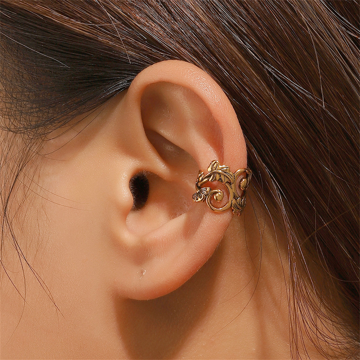 18K Gold-Plated Leaf Swirl Ear Cuff, gold stud earrings for women, everyday style, front view