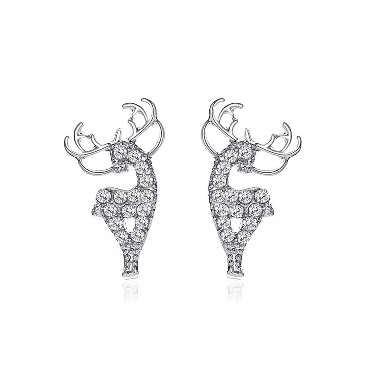 Cubic Zirconia and Silver-Plated Reindeer Stud Earrings, silver stud earrings for women, botanical inspired, front view
