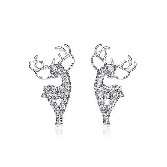 Cubic Zirconia and Silver-Plated Reindeer Stud Earrings, silver stud earrings for women, botanical inspired, front view