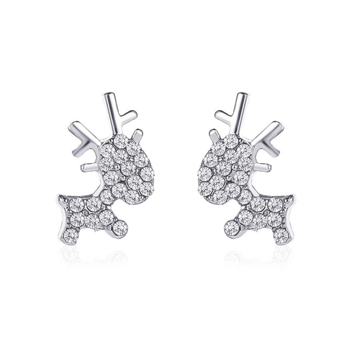 Cubic Zirconia and Silver-Plated Reindeer Stud Earrings, silver stud earrings for women, vintage-inspired design, front view