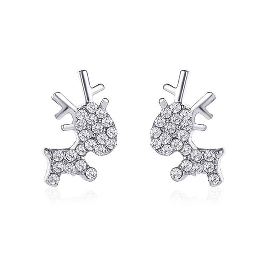 Cubic Zirconia and Silver-Plated Reindeer Stud Earrings, silver stud earrings for women, vintage-inspired design, front view