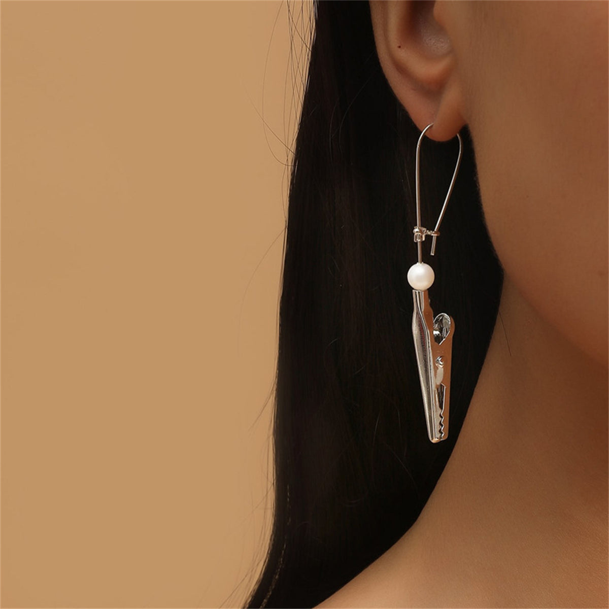 Pearl & Silver-Plated Clamp Single Drop Earring