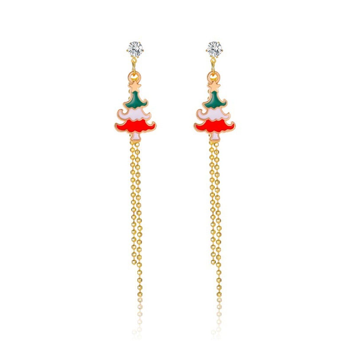 Cubic Zirconia & Red Enamel 18K Gold-Plated Christmas Tree Tassel Drop Earrings