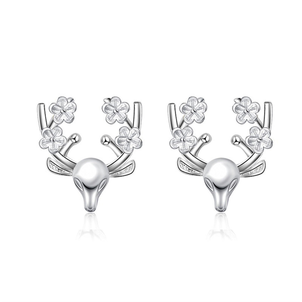 Silver-Plated Floral Reindeer Stud Earrings, silver stud earrings for women, dainty minimalist design, front view