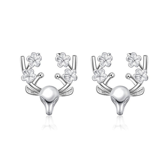 Silver-Plated Floral Reindeer Stud Earrings, silver stud earrings for women, dainty minimalist design, front view