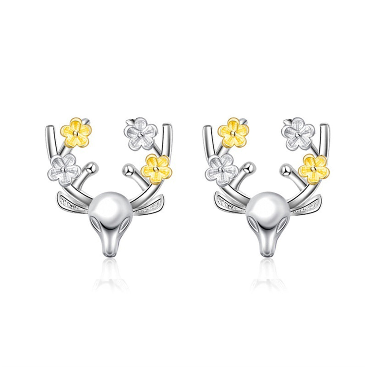 Yellow and Silver-Plated Flower Reindeer Stud Earrings, silver stud earrings for women, everyday style, front view