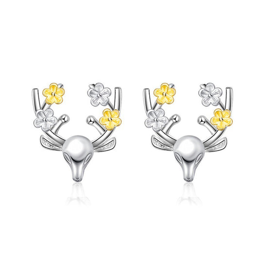 Yellow and Silver-Plated Flower Reindeer Stud Earrings, silver stud earrings for women, everyday style, front view