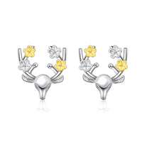 Yellow & Silver-Plated Flower Reindeer Stud Earrings