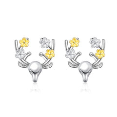 Yellow & Silver-Plated Flower Reindeer Stud Earrings