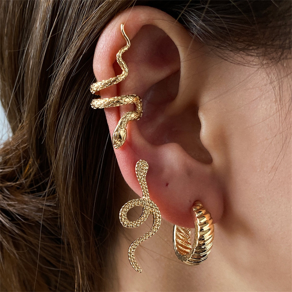 18K Gold-Plated Snake Three-Piece Stud Earring and Ear Cuff Set, gold stud earrings for women, front view