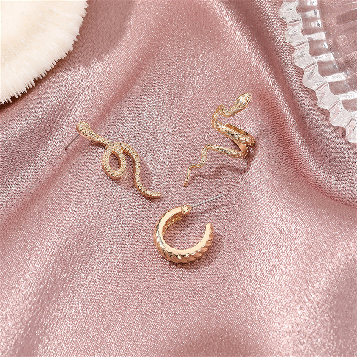 18K Gold-Plated Snake Three-Piece Stud Earring and Ear Cuff Set, gold stud earrings for women, detail close-up