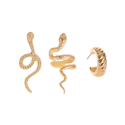 18K Gold-Plated Snake Three-Piece Stud Earring and Ear Cuff Set, gold stud earrings for women, side view
