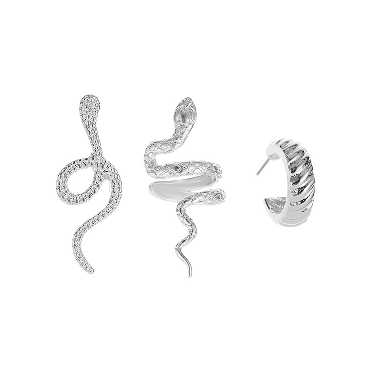 Silver-Plated Snake Three-Piece Ear Cuff Set, silver stud earrings for women, everyday style, front view