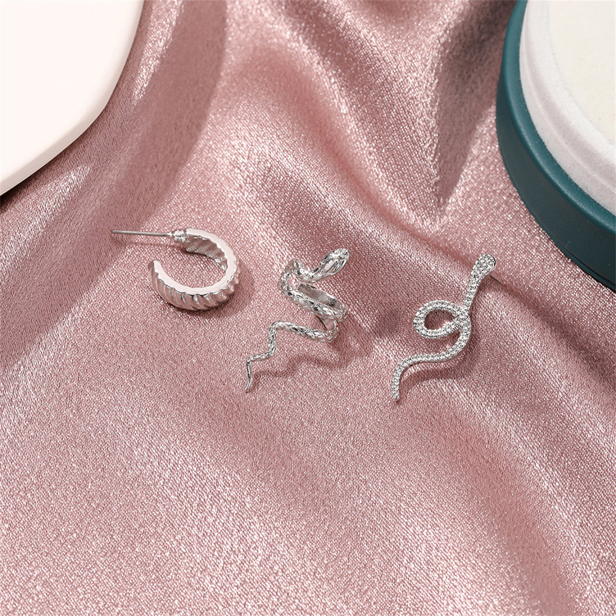 Silver-Plated Snake Three-Piece Ear Cuff Set, silver stud earrings for women, everyday style, side view