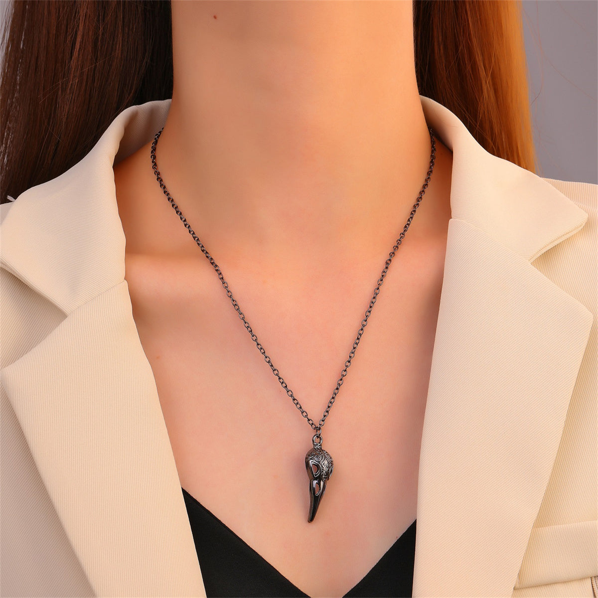 Black Crow Pendant Necklace, pendant necklace for women, dainty minimalist design, front view