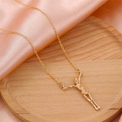 18K Gold-Plated Hanging Skeleton Pendant Necklace, gold pendant necklace for women, dainty minimalist design, detail close-up
