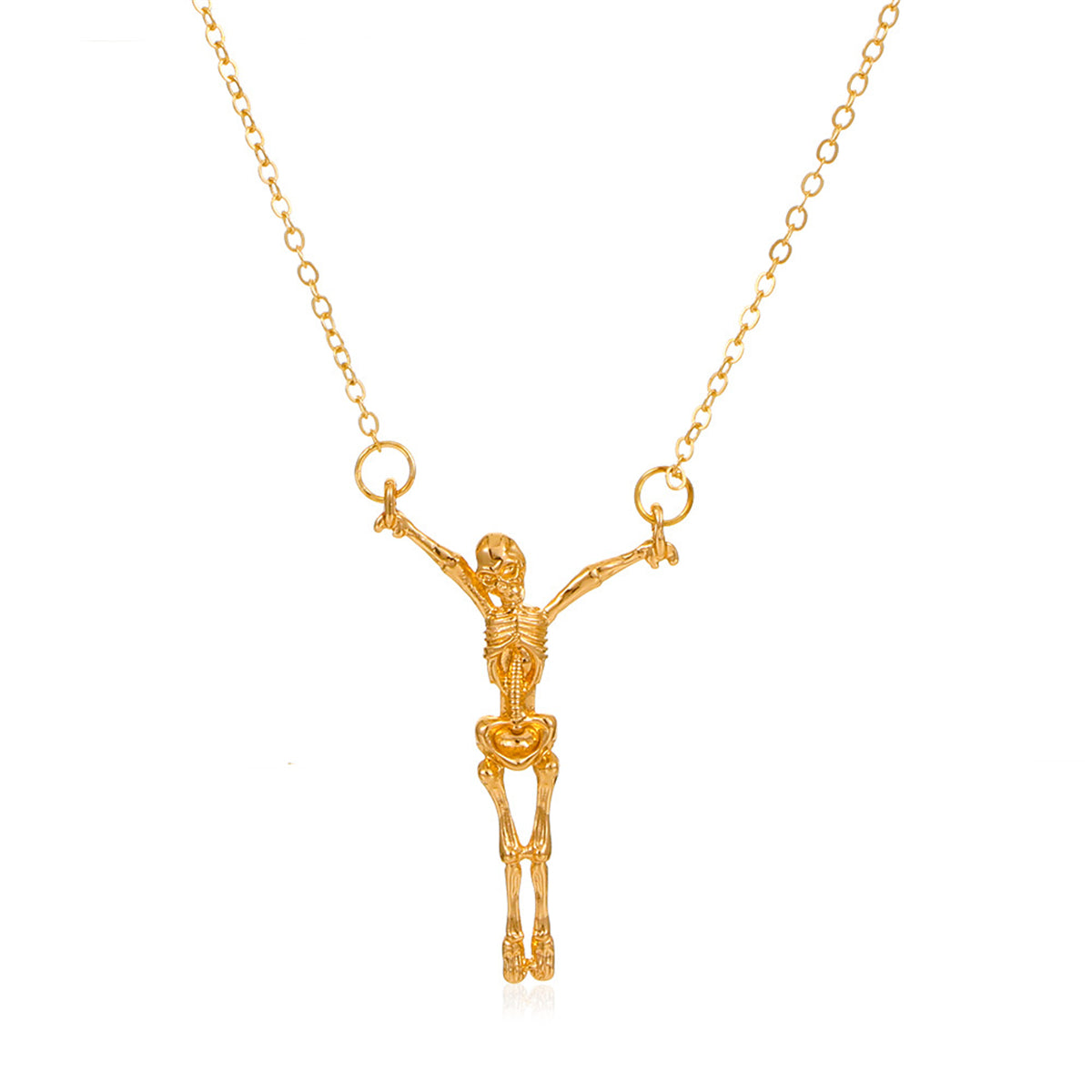 18K Gold-Plated Hanging Skeleton Pendant Necklace, gold pendant necklace for women, dainty minimalist design, front view