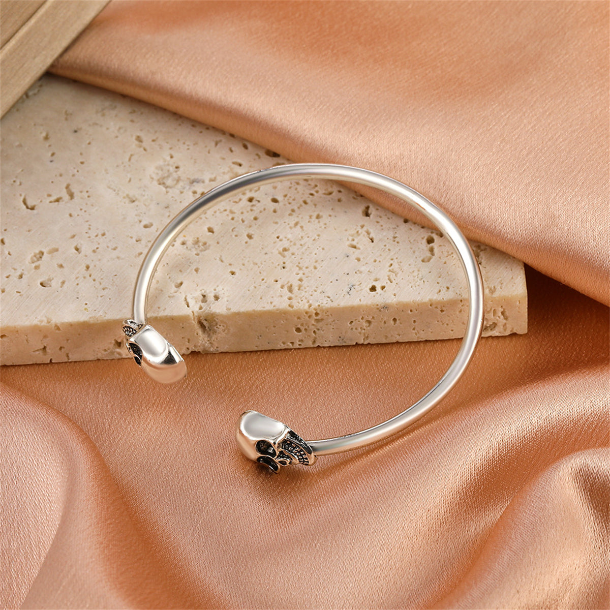 Silver-Plated Skull Cuff, silver bracelet for women, everyday style, side view