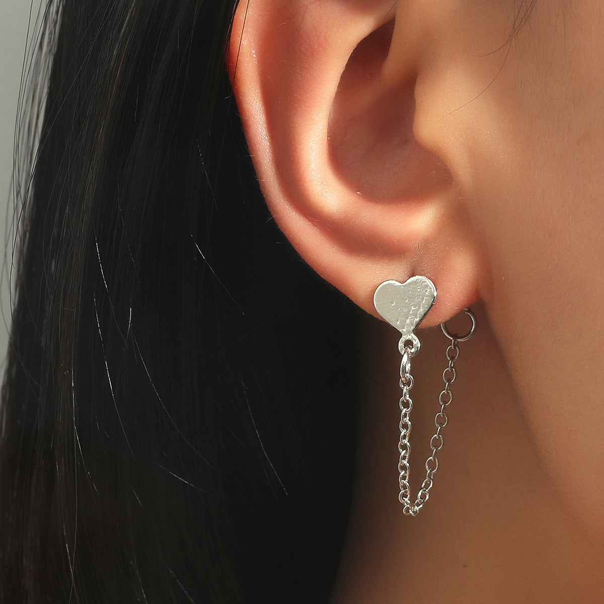Silver-Plated Heart Chain Ear Jacket, silver drop earrings for women, everyday style, front view