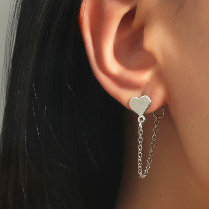 Silver-Plated Heart Chain Ear Jacket, silver drop earrings for women, everyday style, front view