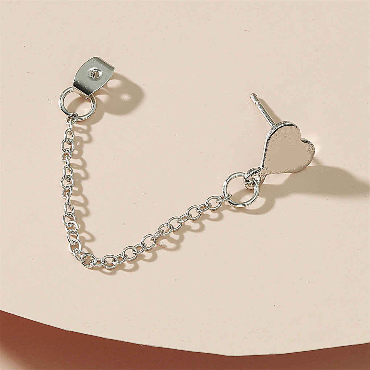 Silver-Plated Heart Chain Ear Jacket, silver drop earrings for women, everyday style, detail close-up