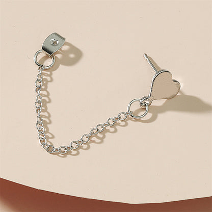 Silver-Plated Heart Chain Ear Jacket, silver drop earrings for women, everyday style, detail close-up