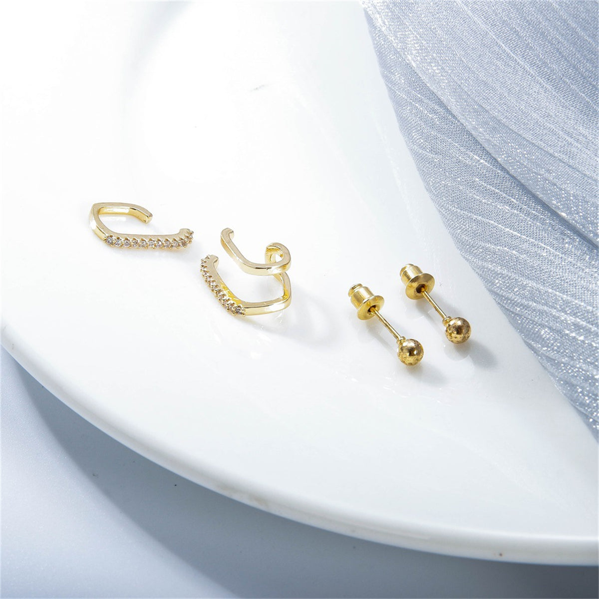 Clear Cubic Zirconia & 18K Gold-Plated Bead Four-Piece Stud & Ear Cuff Set