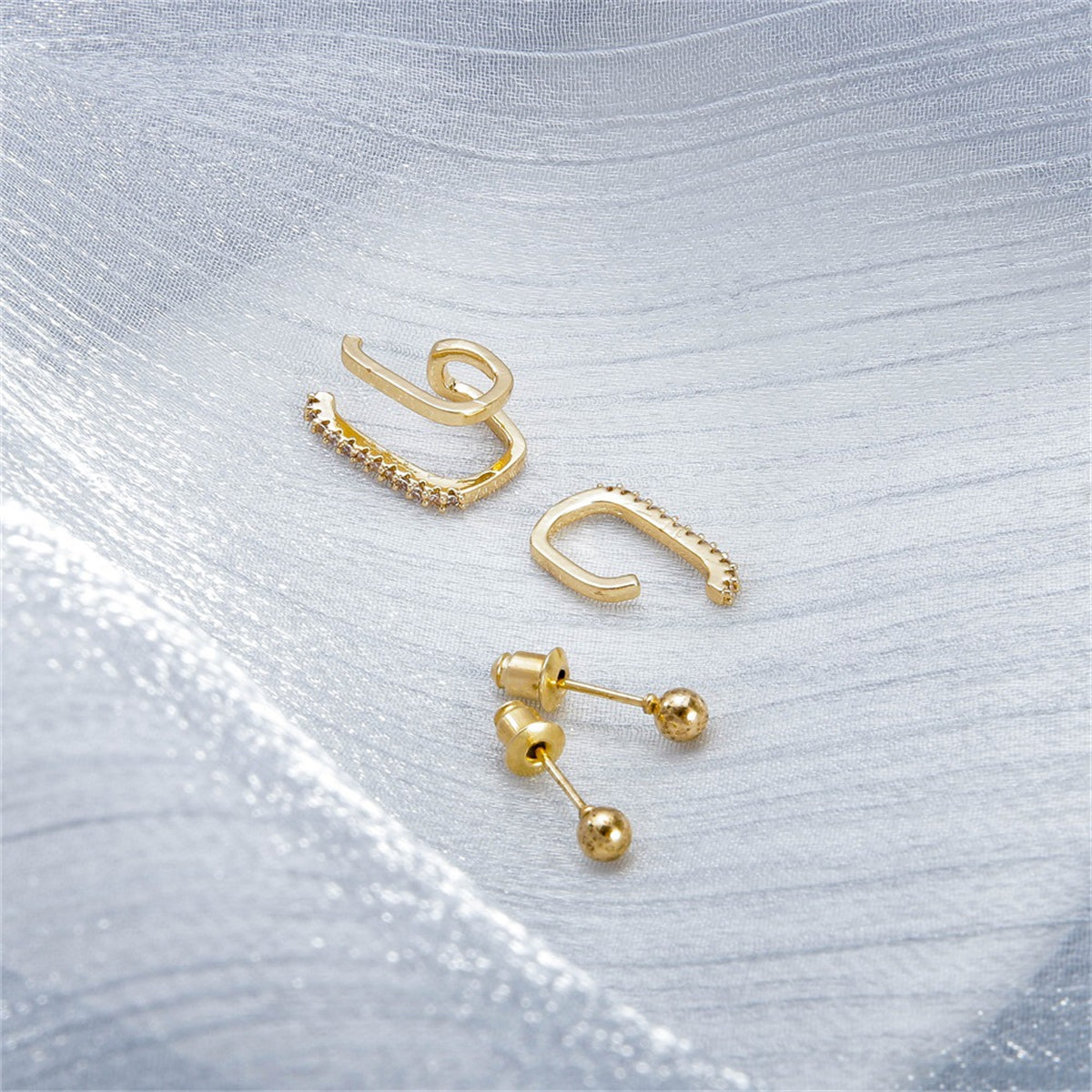 Clear Cubic Zirconia & 18K Gold-Plated Bead Four-Piece Stud & Ear Cuff Set