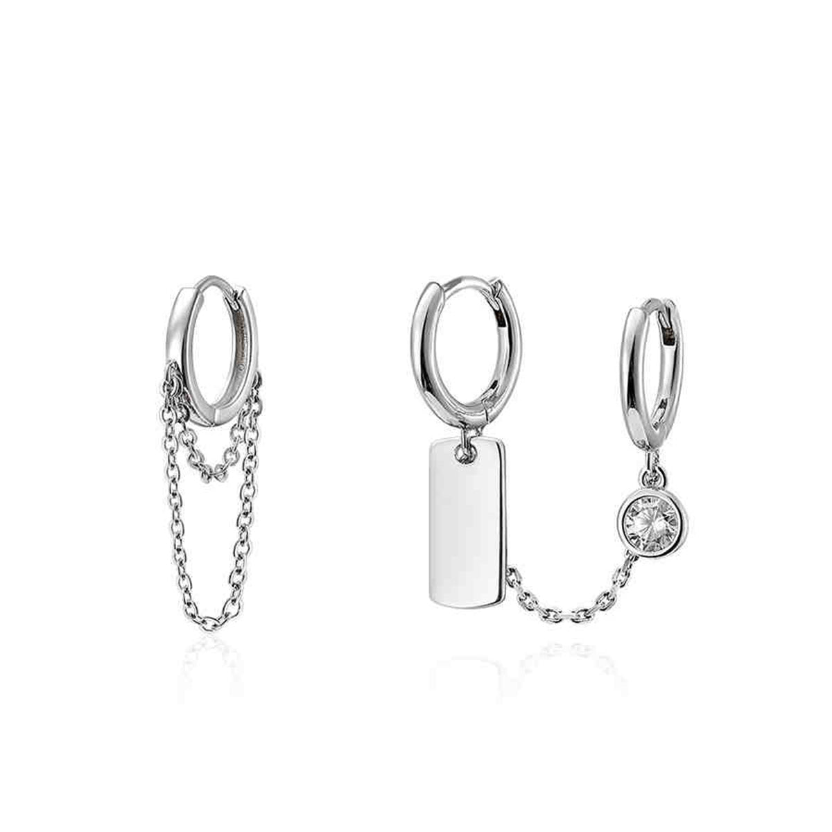 Cubic Zirconia and Silver-Plated Chain Huggie Earrings, silver huggie earrings, dainty minimalist design, side view