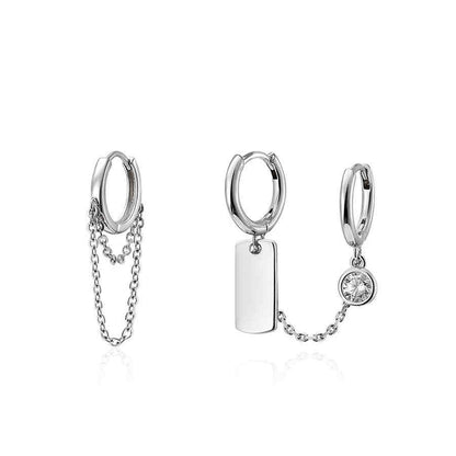Cubic Zirconia and Silver-Plated Chain Huggie Earrings, silver huggie earrings, dainty minimalist design, side view
