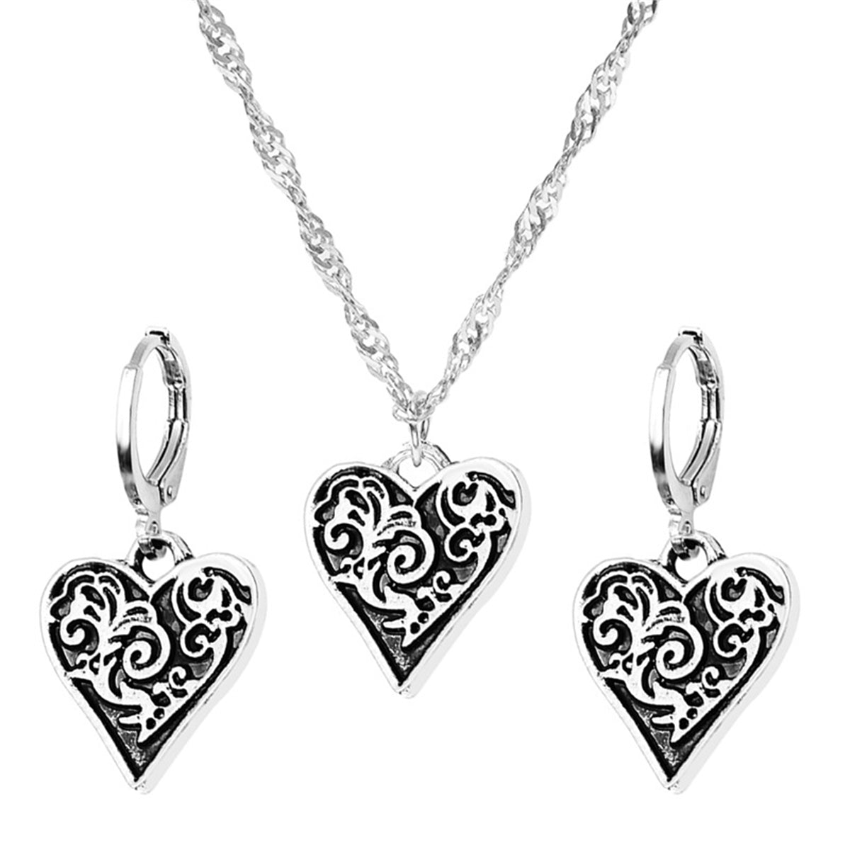 Silver-Plated Filigree Heart Huggie Earrings and Pendant Necklace, silver huggie earrings, everyday style, detail close-up