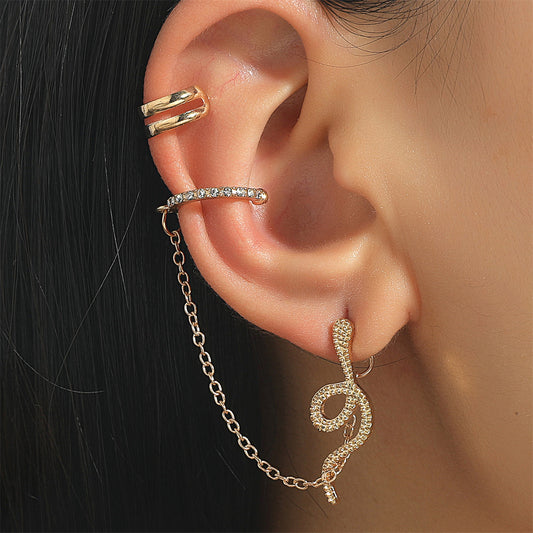 Clear Cubic Zirconia and 18K Gold-Plated Snake Chain Two-Piece Ear Cuff Set, gold stud earrings for women, front view