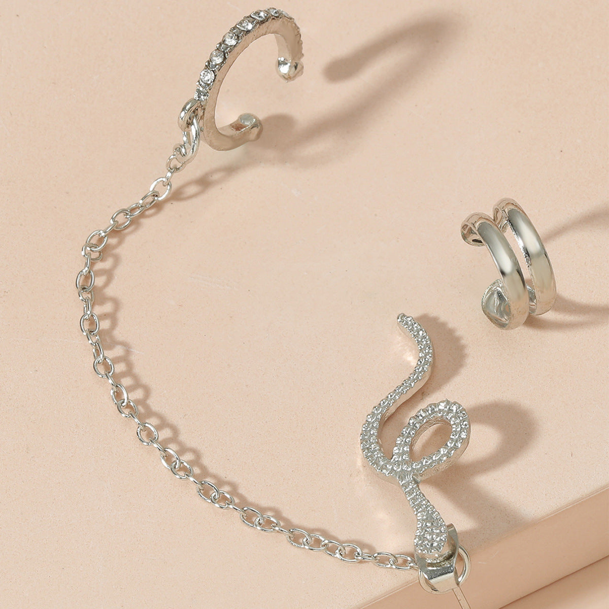 Cubic Zirconia & Silver-Plated Snake Chain Ear Cuff Set