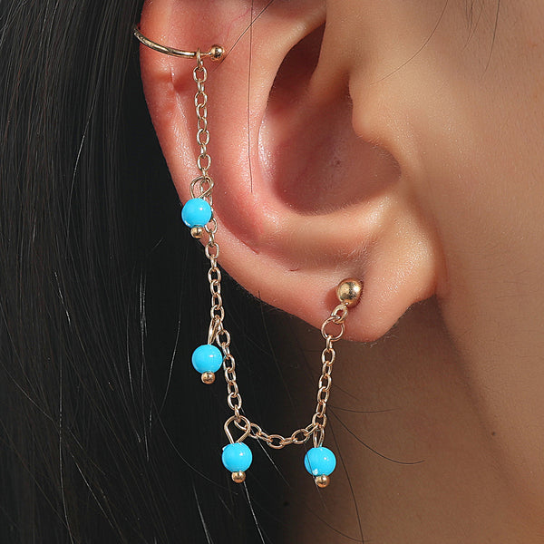 Blue Acrylic & 18k Gold-Plated Beaded Chain Ear Cuff