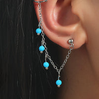 Blue & Silver-Plated Beads Chain Ear Cuff