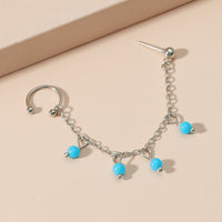 Blue & Silver-Plated Beads Chain Ear Cuff