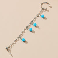 Blue & Silver-Plated Beads Chain Ear Cuff