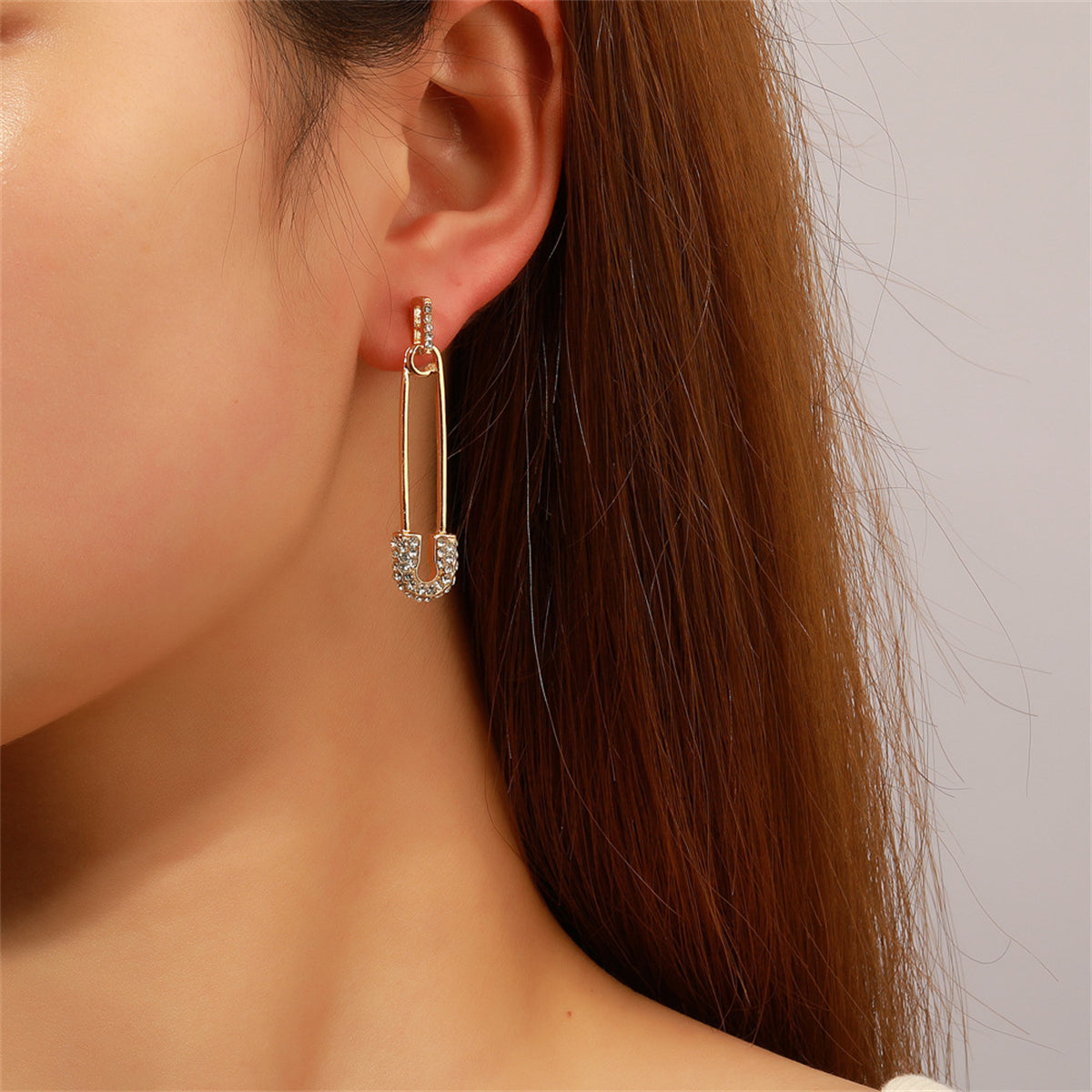 Cubic Zirconia and 18K Gold-Plated Pin Drop Earrings, gold drop earrings for women, dainty minimalist design, front view