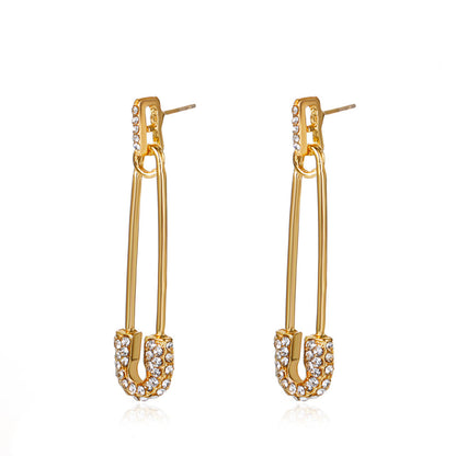 Cubic Zirconia and 18K Gold-Plated Pin Drop Earrings, gold drop earrings for women, dainty minimalist design, side view