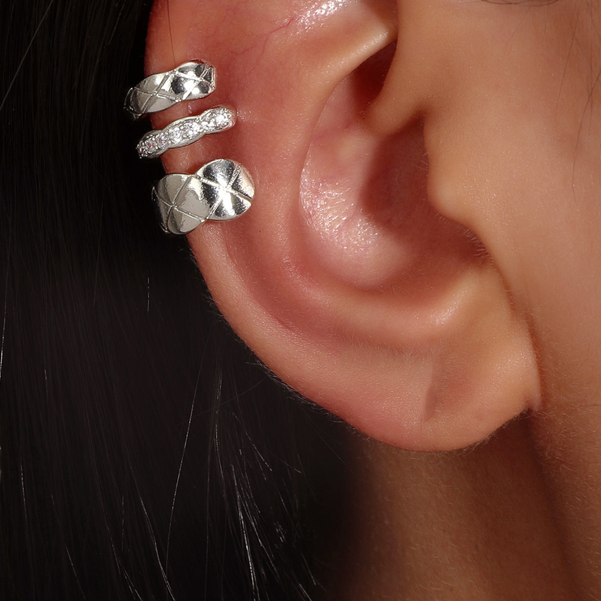 Cubic Zirconia and Silver-Plated Rhombus-Cut Layered Ear Cuff, silver stud earrings for women, botanical inspired, front view