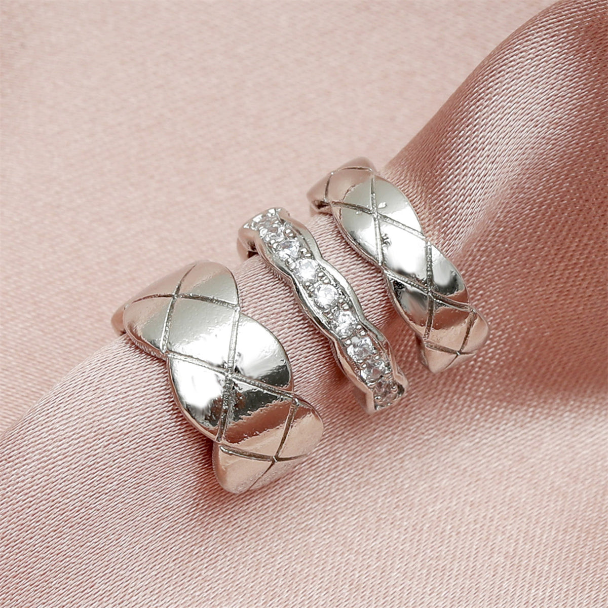 Cubic Zirconia and Silver-Plated Rhombus-Cut Layered Ear Cuff, silver stud earrings for women, detail close-up