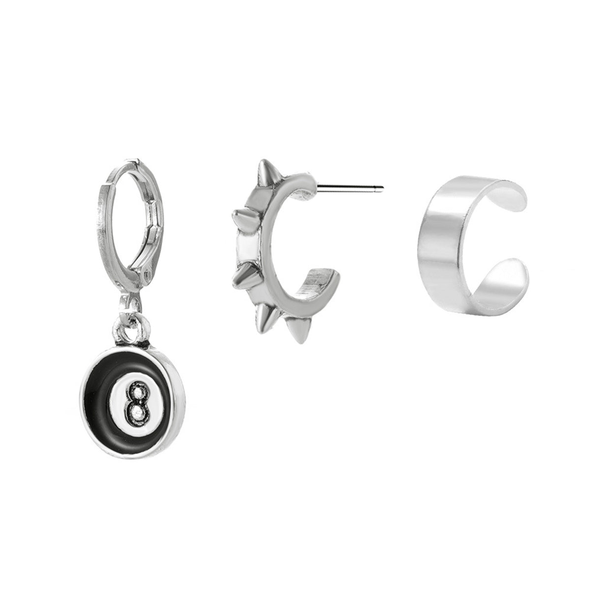 Black Enamel & Silver-Plated Magic 8 Ball Huggie Earring Set