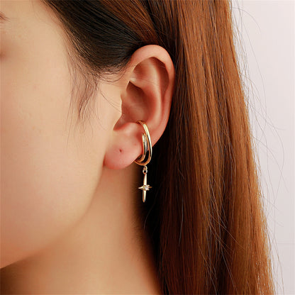 Cubic Zirconia and 18K Gold-Plated Star Charm Ear Cuff, gold huggie earrings, everyday style, front view