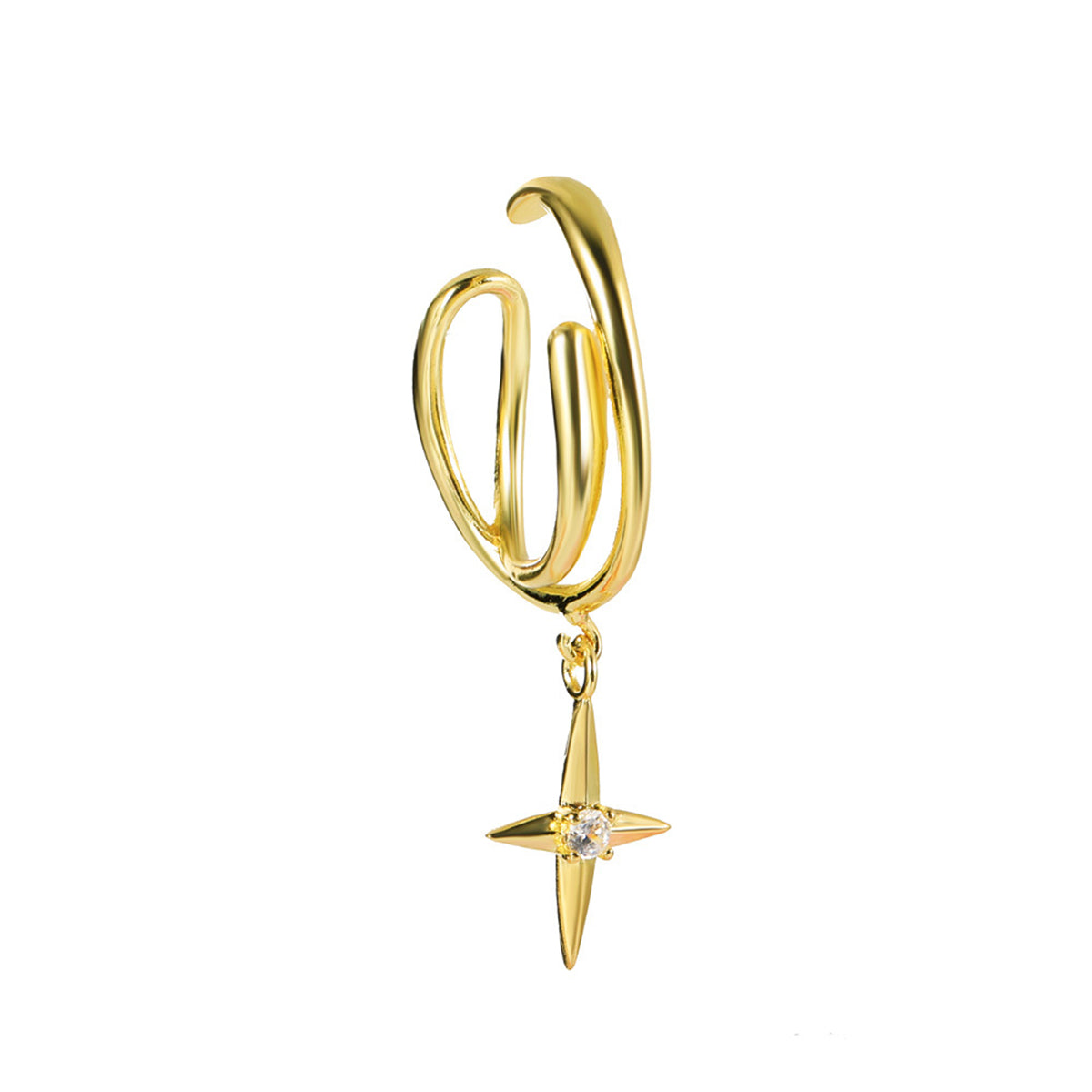 Cubic Zirconia and 18K Gold-Plated Star Charm Ear Cuff, gold huggie earrings, everyday style, side view
